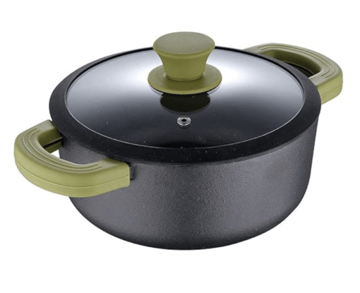 Bergner Elements Pre-Seasoned Cast Iron Handi/Casserole/Biryani Pot with Glass Lid, 24cm, Induction & Gas Ready, Heat Proof Olive Green Silicone Grip